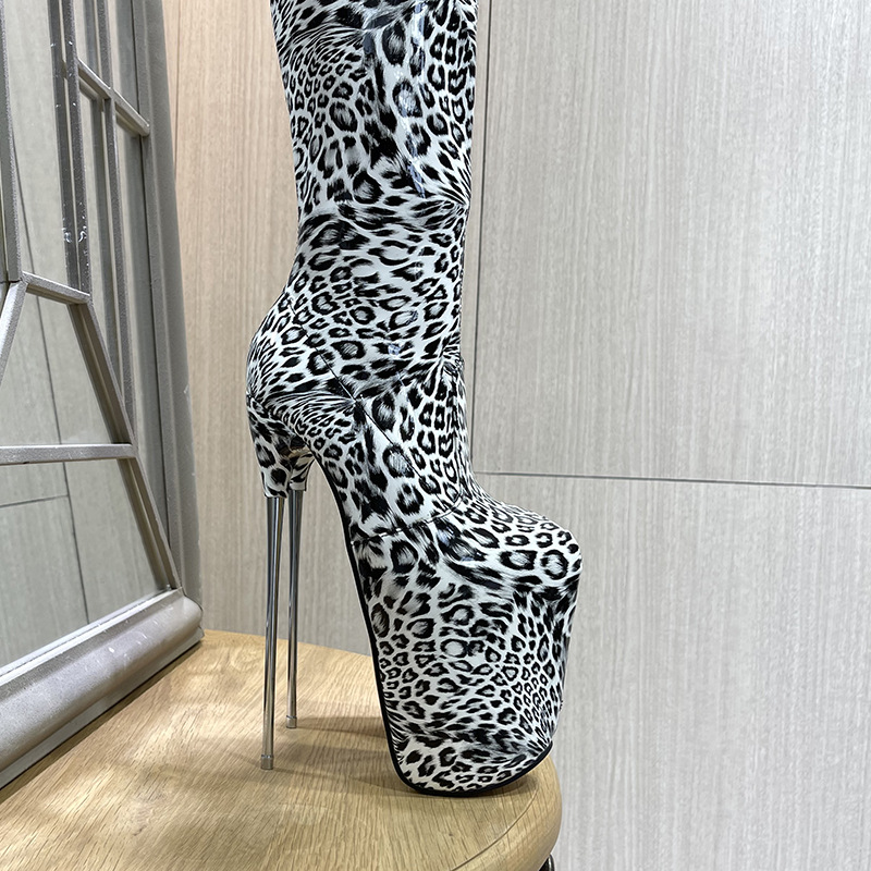 Boot nữ cổ cao quá gối họa tiết da báo mũi tròn khóa kéo gót thép 19 cm — Màu trắng chi tiết 6