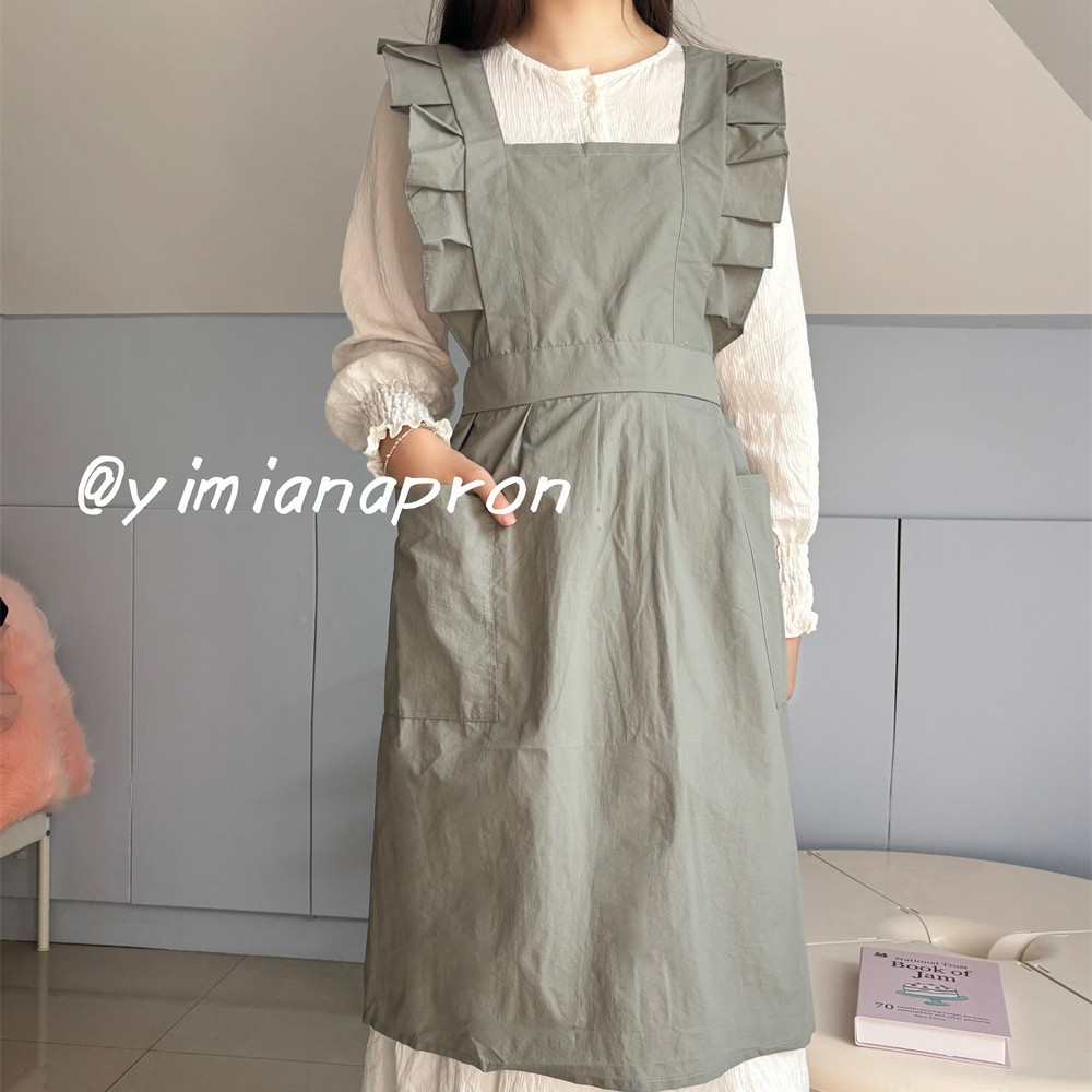 Delantal de Cocina Impermeable con Estampado Floral de Nailon Repelente al Agua, con Mangas con Volantes y Diseño Cruzado