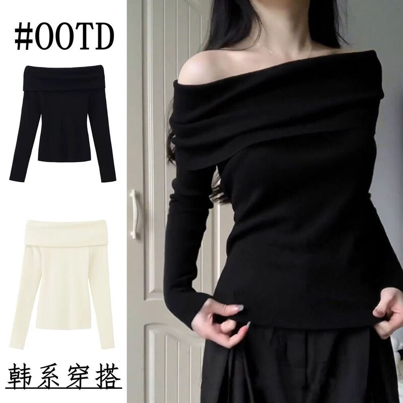 One-Shoulder Top for Women in Autumn and Winter with Off-Shoulder Design, Niche Slim Fit and Elegant, Long-Sleeved Knitted Threaded Sweater