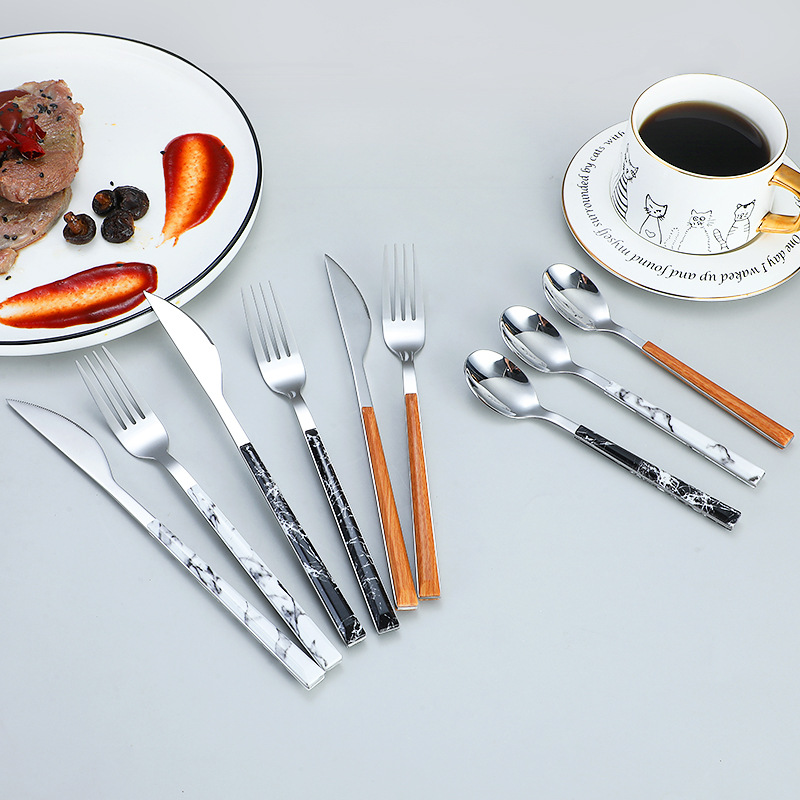 不锈钢仿木柄刀叉勺木纹餐具夹柄餐具日式餐具牛排刀叉勺甜品勺