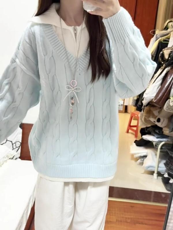 蓝色假两件翻领麻花毛衣女秋冬宽松慵懒风加厚时尚外穿针织衫上衣|undefined