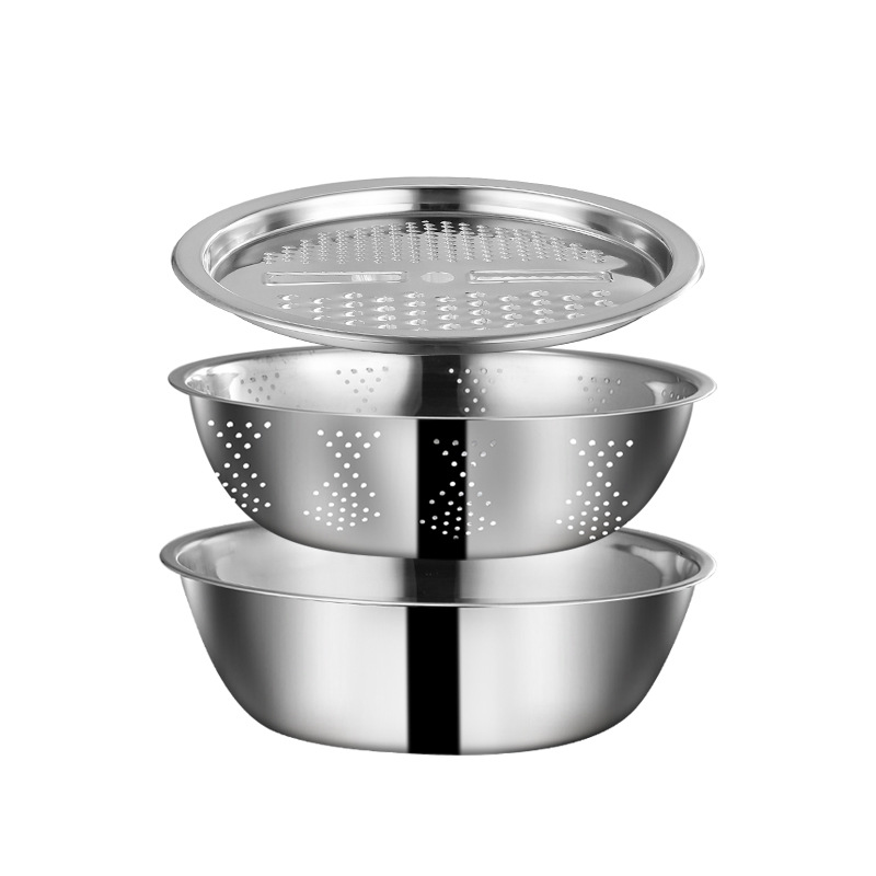 Juego de tres piezas de coladores de acero inoxidable para lavar arroz, cesta para rallar, cesta de drenaje para el hogar, cesta duradera para lavar verduras, regalo.