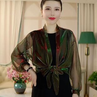 Spring and Summer New Women's Shawl High-End Sunshade Net See-Through Shawl Jacket Middle-Aged and Elderly Mother Cardigan Spring and Autumn