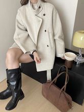 韩国馆立领高级双面羊毛大衣女系腰带风衣款短款羊毛外套