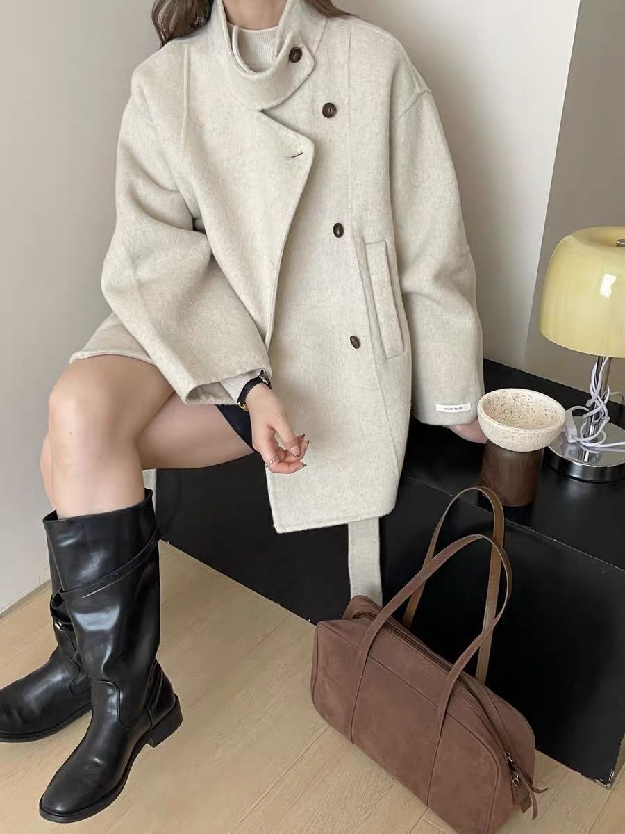 韩国馆立领高级双面羊毛大衣女系腰带风衣款短款羊毛外套