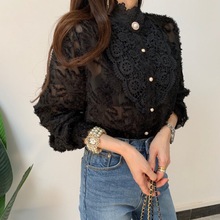 2024春装新款钩花蕾丝花边拼接立领长袖衬衫上衣