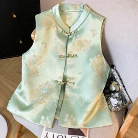 2025秋季新中式国风缎面提花无袖马甲女复古盘扣背心上衣坎肩外套