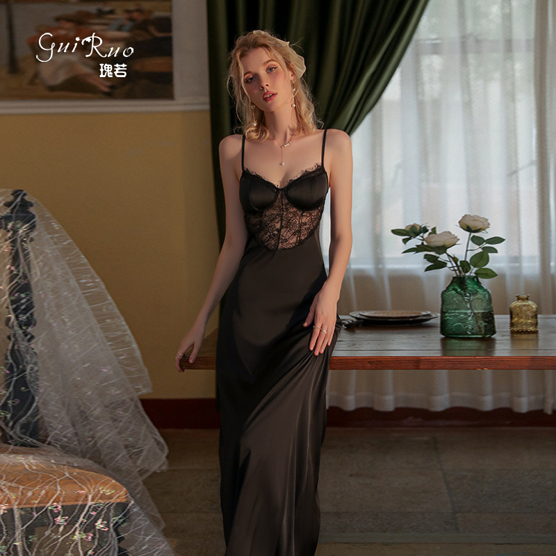 Dz Guiruo Spliced Lace Brand Sexy V Neck Breast Pad Pure Color Satin Slim Fit Women's Home Wear Nightgown Q2720