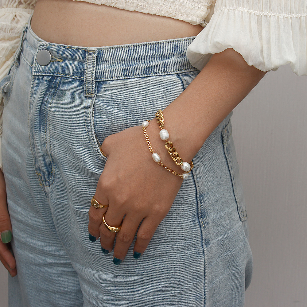 Fashion Geometric Stainless Steel Gold Plated Pearl Bracelets