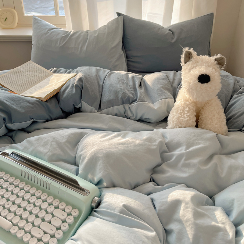 Parure de lit en coton lavé bicolore avec housse de couette_voghion.com