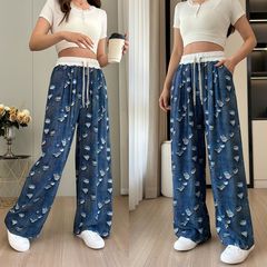 春夏ハイウエスト模造デニムコットンワイドパンツ高品質高工芸デジタルプリント3D立体柄カジュアルパンツ
