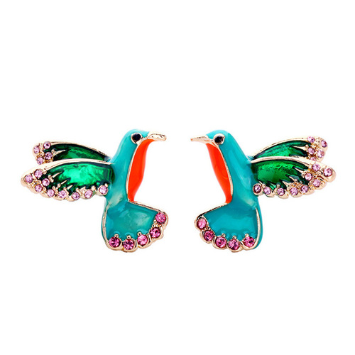 Stylish European and American enamel stud earrings with a unique drop-oil design—women's diamond-encrusted jewelry featuring flying birds and vibrant hummingbirds.