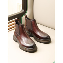 欧美潮流复古真皮短靴男士高帮英伦大头休闲皮鞋厚底加绒切尔西靴