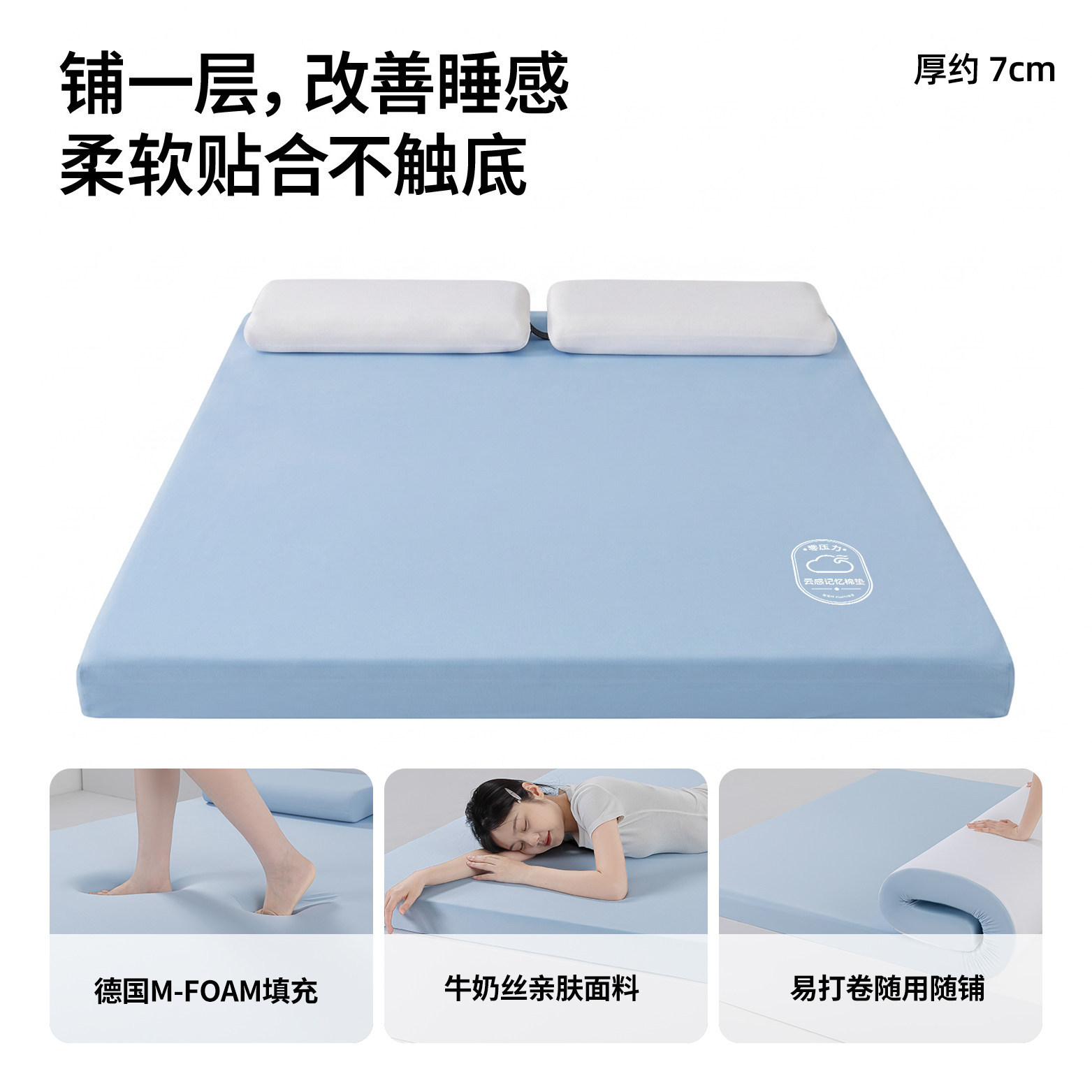 0压云感·小蓝垫7cm【德国M-Foam记忆海棉+久睡不塌陷】外套可拆洗 / 80*190cm【凉感面料抗菌认证安全放心】