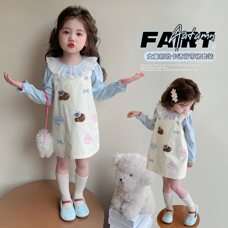 女童裙子套装早秋新品2025洋气时髦小猫背带裙两件套儿童宝宝春装|undefined