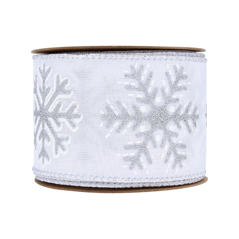 63mm Amazon transfronterizo nueva cinta de lino de Navidad impresa en polvo brillante gran cinta de decoración de nieve de Navidad