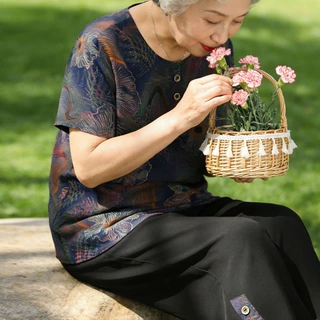 奶奶夏装套装棉绸中老年女妈妈短袖T恤老人上衣服婆婆大码两件套