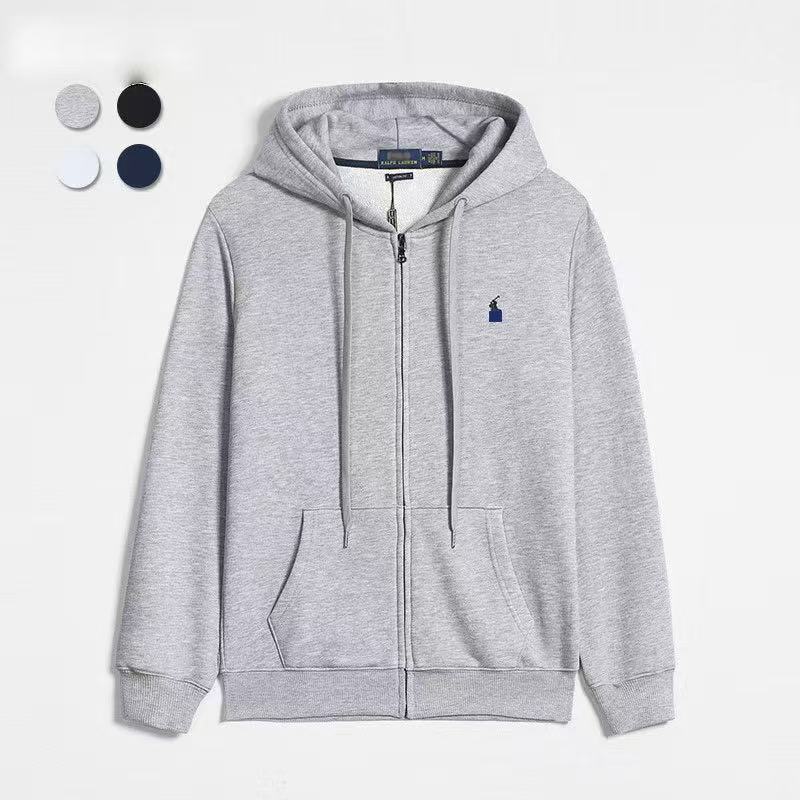 Embroidered Pony Logo Fleece Cardigan Zipper Sweatshirt Men's Spring & Fall Hooded Jacket and Pants Suit