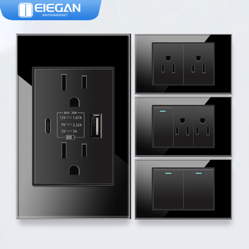 Toma de interruptor tipo 118 Taiwán, vidrio templado negro para el hogar 110V, toma de interruptor de pared tailandés estándar estadounidense