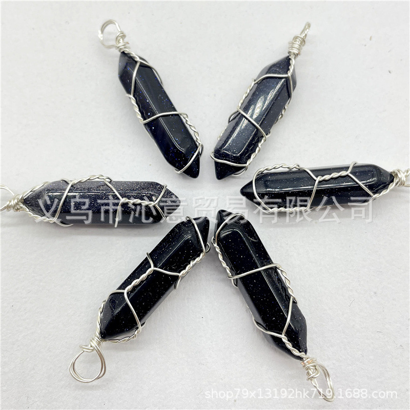 Comercio exterior caliente bobina hexagonal columna colgante collar de cristal natural hecho a mano de plata hilo bala joyería al por mayor