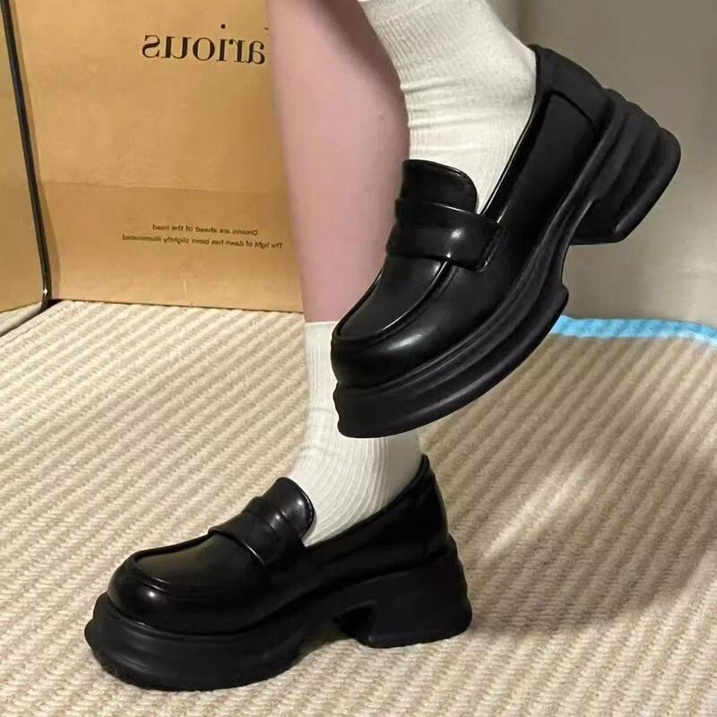 34-46 Round Toe Thick-Soled Flats for Women Black Preppy Style Small Leather Shoes Versatile British Loafers 2025Jk Shoes