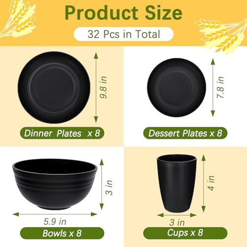 Amazon plato de comida negro tazón de sopa taza cuchillo tenedor cuchara vajilla juego de paja de trigo juego de regalo de campamento al por mayor