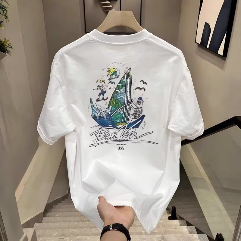 Trendy sailboat short-sleeved T-shirt for men, summer casual short-sleeved new loose heavyweight casual couple's short-sleeved top