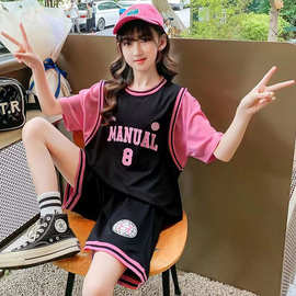 女童夏装套装2025新款夏季运动服短裤两件套宽松透气篮球衣儿童装