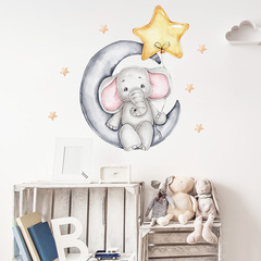 BR64149 坐在月亮上拿星星可愛大象牆貼 ins風兒童房牆壁裝飾貼紙