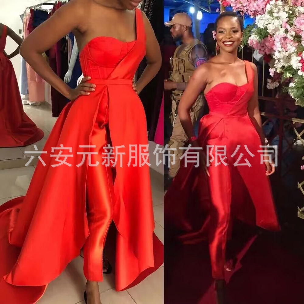 AliExpress satén rojo un hombro vestido de fiesta mono con falda desmontable noche pantalones traje