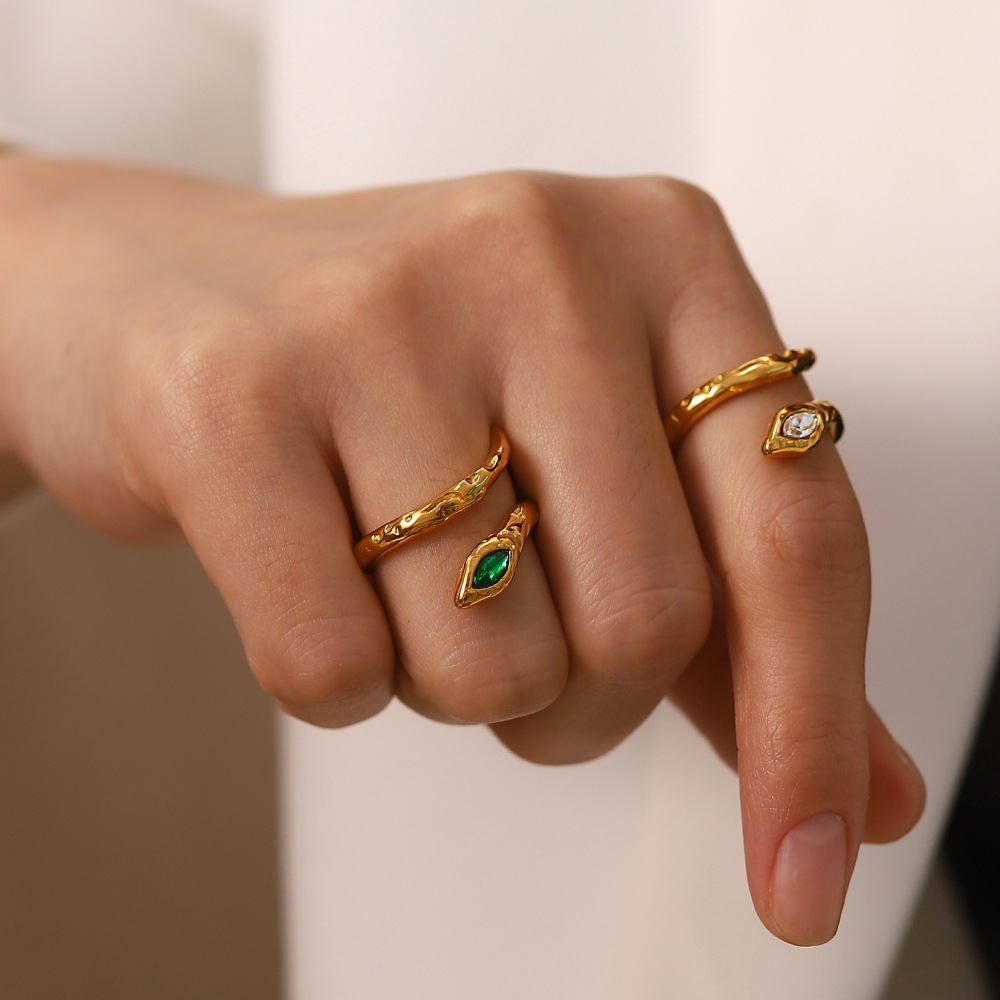 Fashion Snake Stainless Steel Plating Inlay Artificial Diamond Open Ring 1 Piece