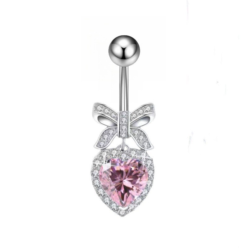 Creative Heart-Shaped Zircon Navel Ring, Gold Pink Belly Button Piercing Jewelry, Light Luxury Style, 2024 Spring detail image 9