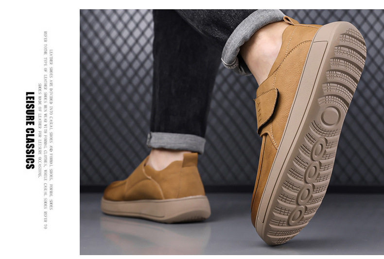 Giày lười nam da PU kiểu retro, quai dán Velcro, form rộng thoải mái, đế cao su êm chân — Màu đen, màu vàng chi tiết 16