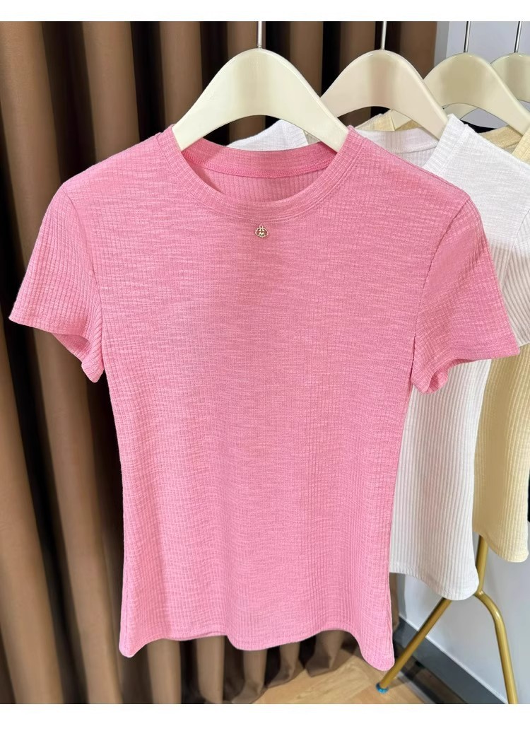 Women's Pink Ribbed Short Sleeve T-shirt Lightweight Basic Top_voghion.com