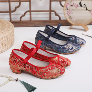 Mingqi 2024 New Square heel matching cheongsam Hanfu shoes ethnic style single shoes embroidered shoes