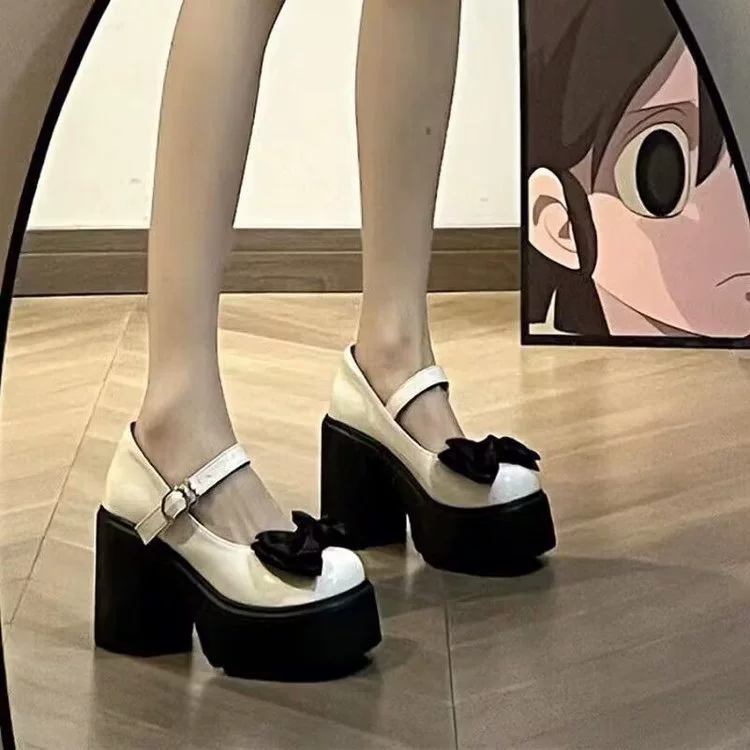 Модные женские маленькие кожаные туфли на высоком каблуке с бантом, новинка осени 2024, туфли Мэри Джейн на толстом каблуке и юбке с одной линией пряжки