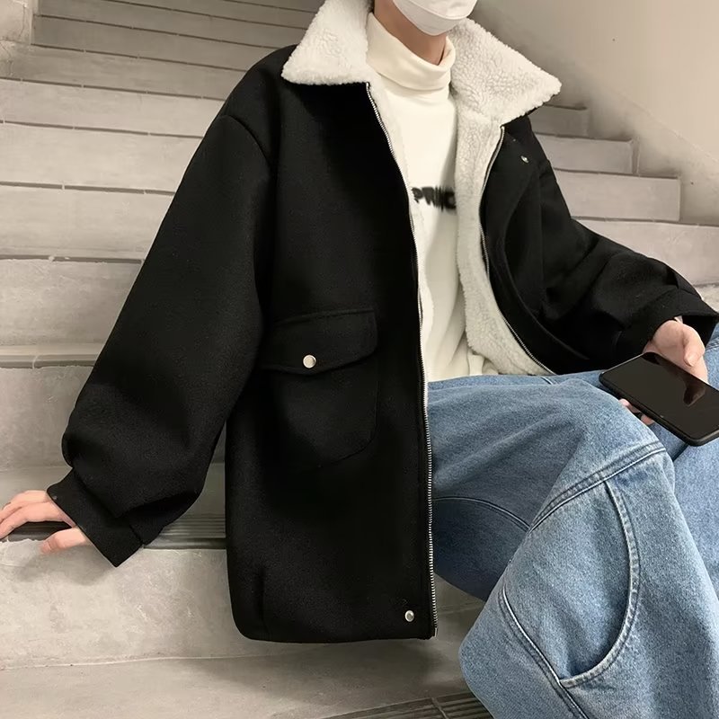 Title 6, Mens Lamb Plush Woolen Coat, Versatile Japanes...