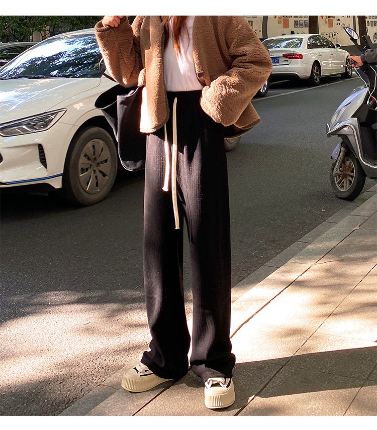 Pantalones de pierna ancha de Cachemira de arroz glutinoso para mujer otoño e invierno con forro polar grueso cintura alta adelgazante drapeado Pantalones rectos Casuales image 7