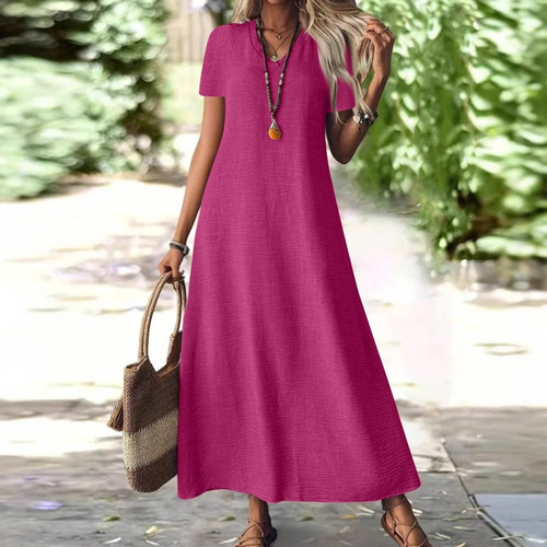 2025 New European and American style summer back zipper short-sleeved dress cotton linen plain color fashion slimming 