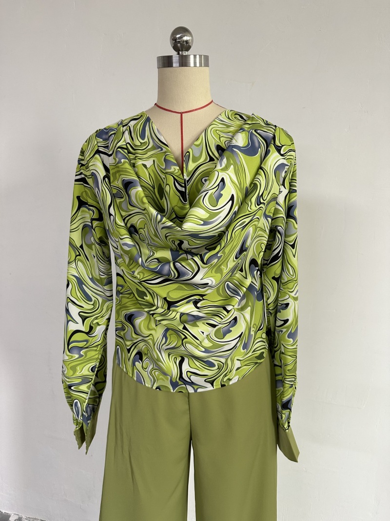 Women Clothing Spring Print Lantern Sleeve Shirt Wide Leg Work Pant Casual Suit