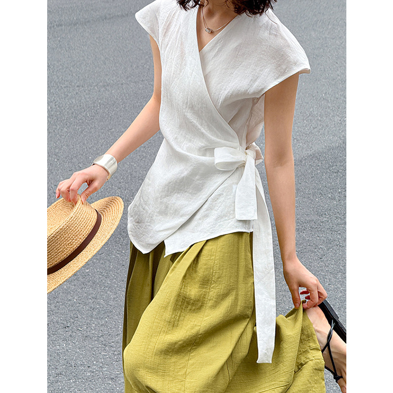 Tangerine Zhi Summer New Fashion Casual Ramie Shirt Women's Irregular Vest Easiest for Match Top 8011-1