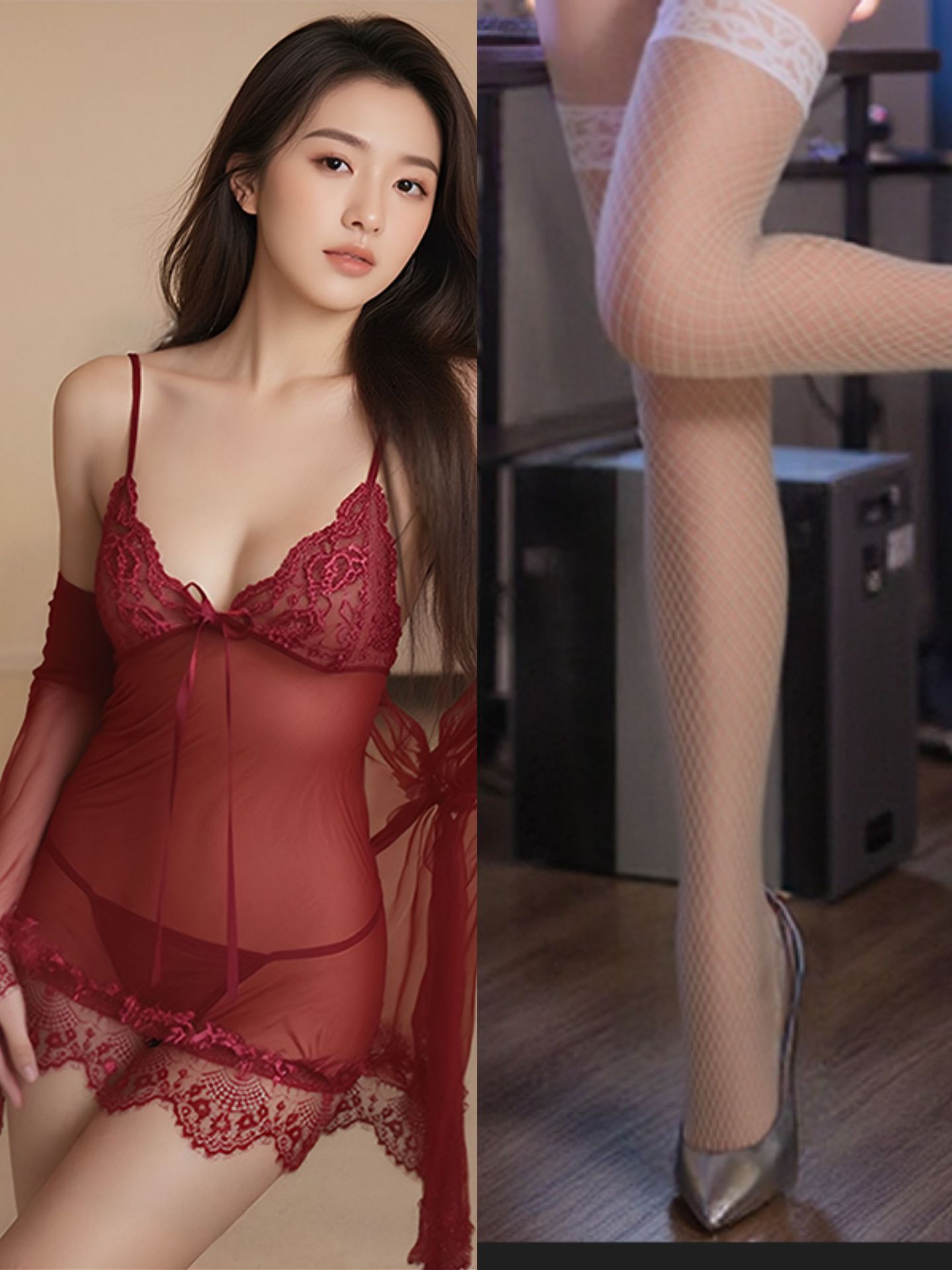 버건디 + 화이트 망사 스타킹