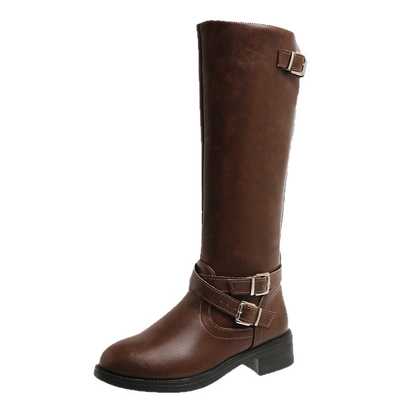 Retro-Overknee-Stiefel mit Blockabsatz, Damen-Herbstmode, Gürtelschnalle, Reitstiefel in großen Größen_voghion.com
