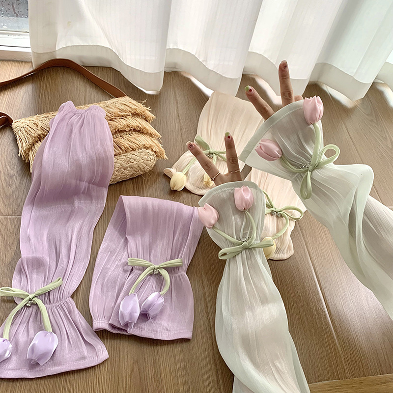 Mangas de hielo, mangas de seda de hielo, verano femenino, nuevo estilo, lazo, flores grandes, mangas de mano sueltas, protectores de brazos, mangas de protección solar para conducir