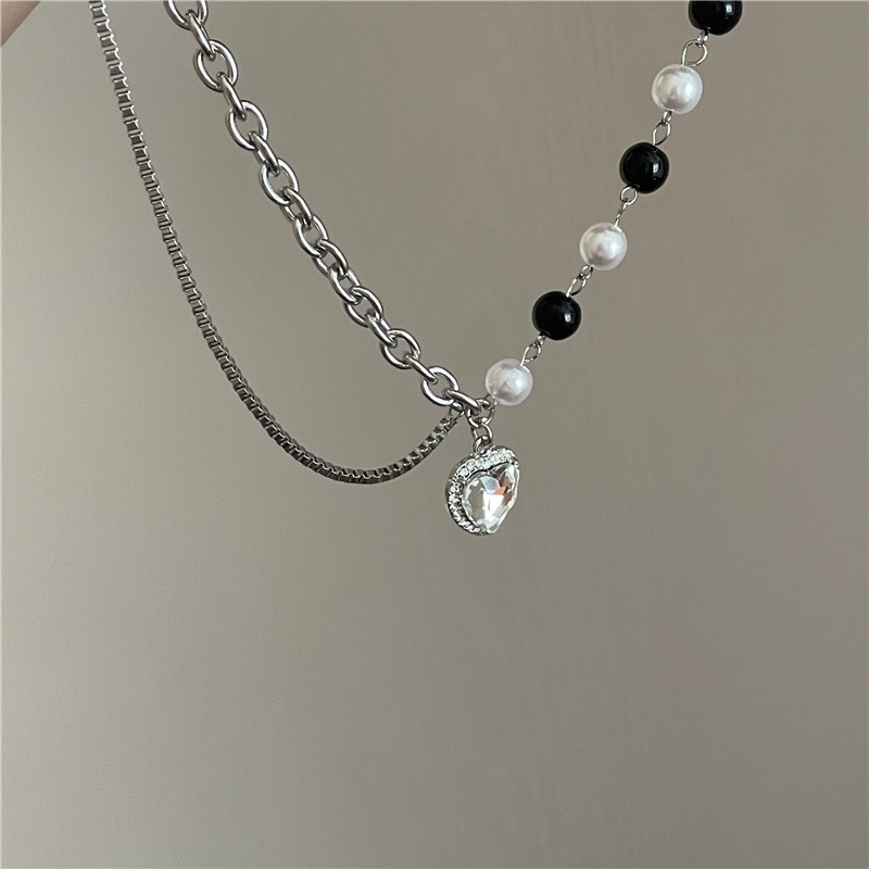 Niche Normcore Bag Necklace Vintage Pearl Titanium Steel Double-Layer Chain Beaded Stitching Rhinest