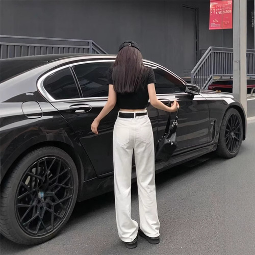 Narrow Wide Spring and Autumn Wide Leg Pants High-Waisted Long Pants Trendy See-Through Proof White Straight Leg Denim for Women Petite