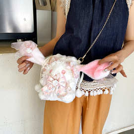 新款洛丽塔包双背包卡通兔子包抽绳斜挎包可爱珍珠毛绒蝴蝶结包包