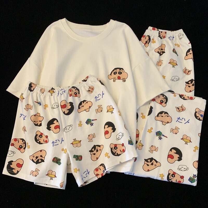 in stock wholesale couple pajamas women's round neck crayon small new spring and autumn loose-fitting home clothes short sleeve summer three-piece set