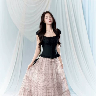 温柔风收腰黑色短袖衬衣女2026夏季新款韩系复古甜美修身显瘦上衣