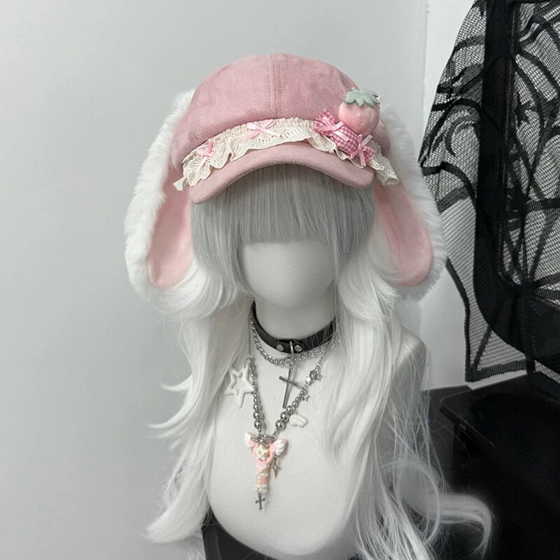 1Gangster Inn Original Pink Heart-Shaped Soft Cute Lop-Eared Rabbit Subculture Beret for Women, Cute Octagonal Hat 1Gangster Inn Original Pink Heart-Shaped Soft Cute Lop-Eared Rabbit Subculture Beret for Women, Cute Octagonal Hat